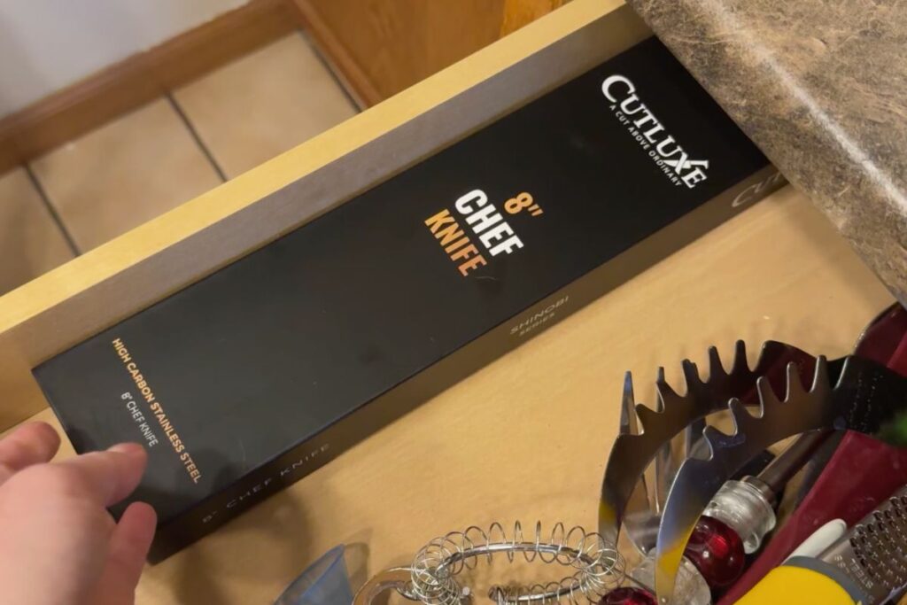 Cutluxe chef knife box in a drawer