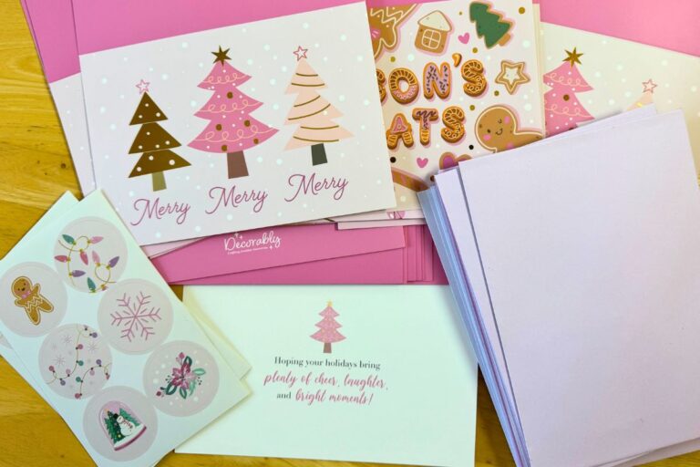 Decorably pink Christmas cards, envelopes, and stickers