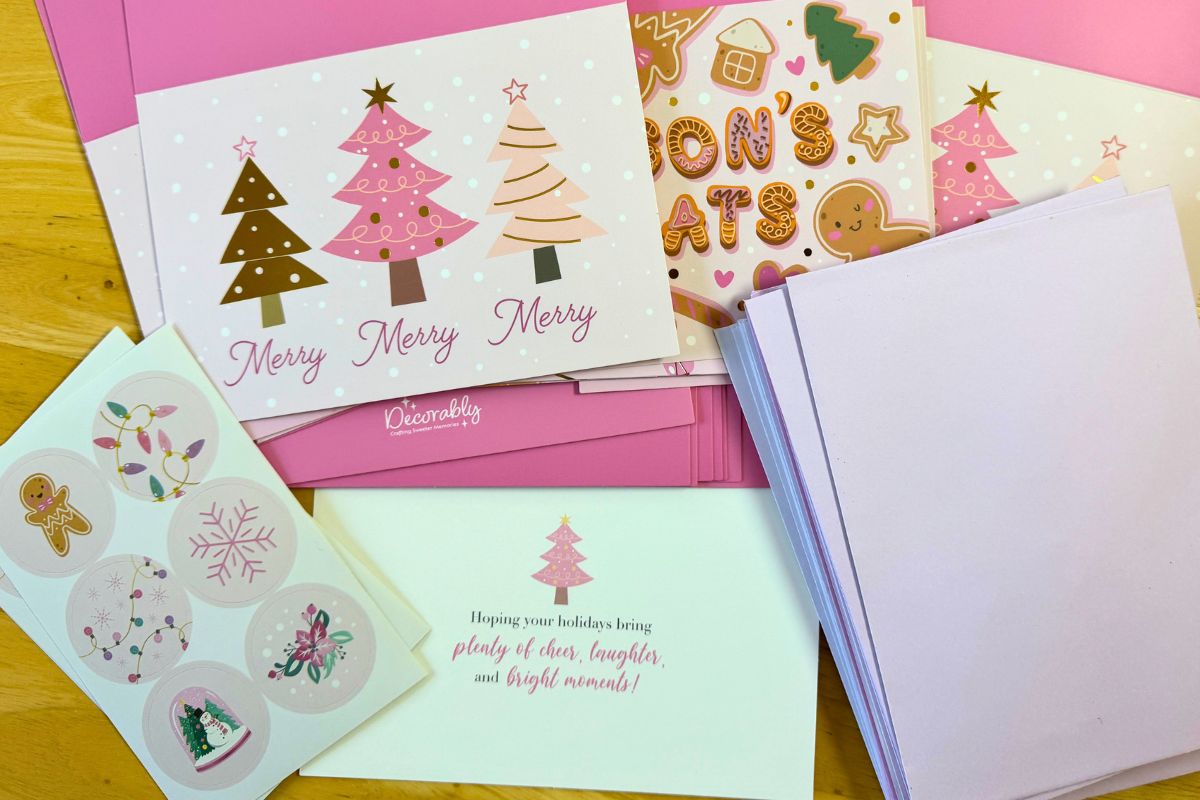 Decorably pink Christmas cards, envelopes, and stickers