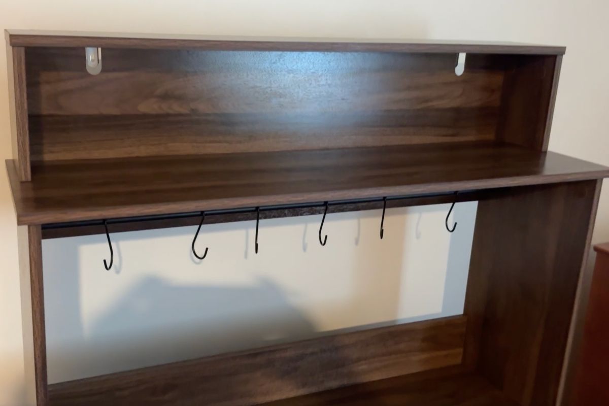 Top of coffee bar with hanging mug hooks