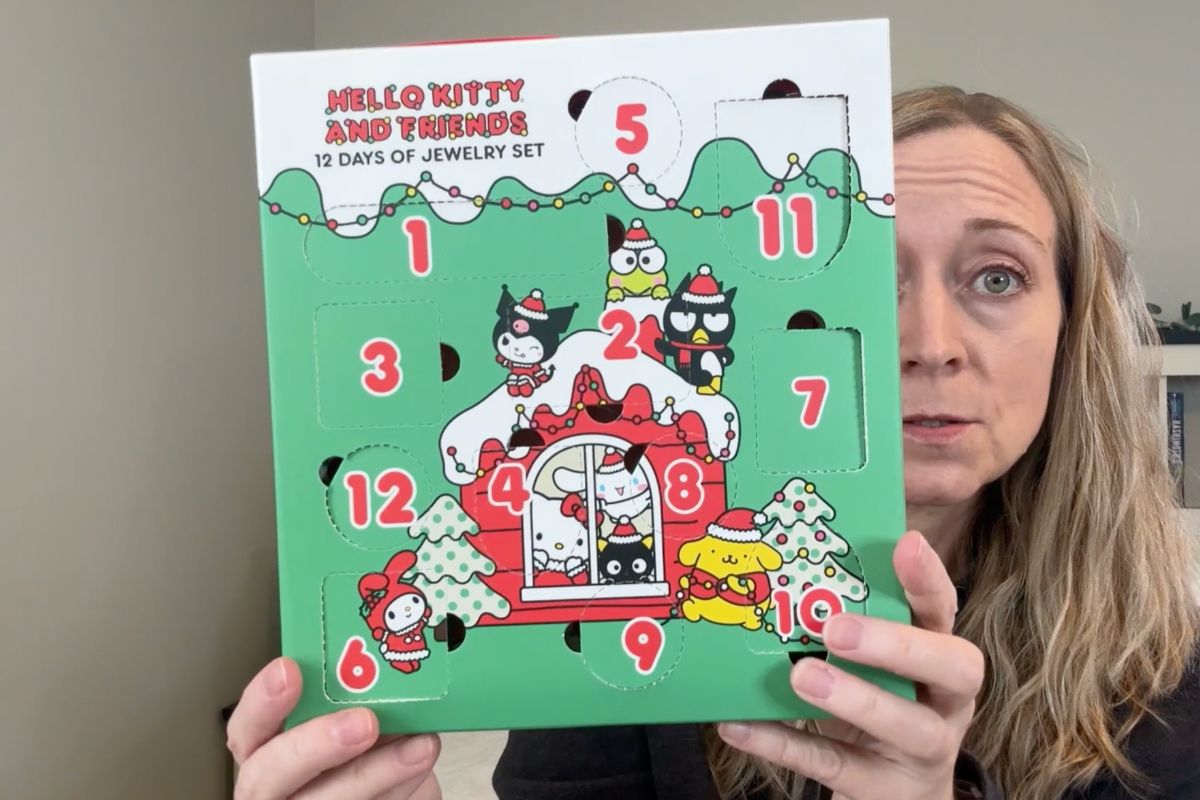Jen holding the Hello Kitty Jewelry advent calendar