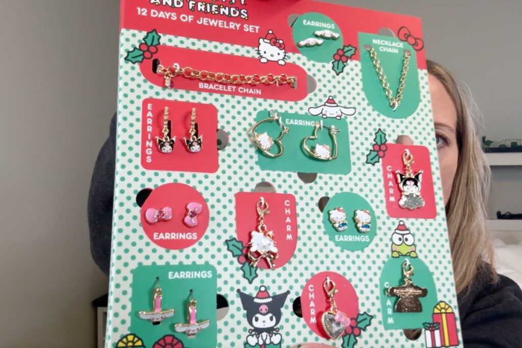 Jewelry hanging in the Hello Kitty 12 days of Christmas calendar