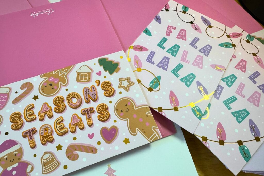 Pink holiday cards from Decorably