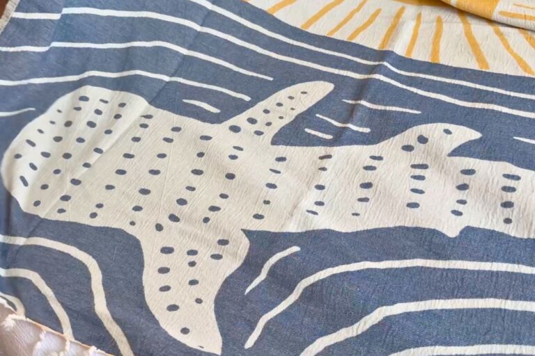 Whale shark pattern on Sand Cloud Turkish beach towel
