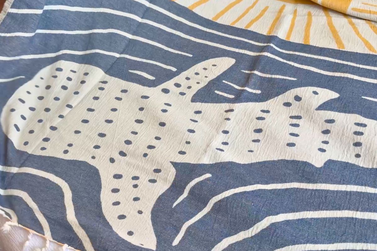 Whale shark pattern on Sand Cloud Turkish beach towel