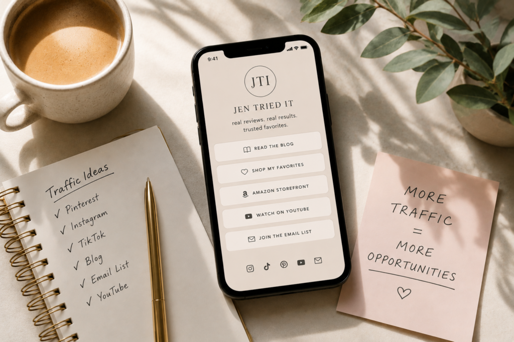 A phone with a link in bio screen next to coffee and notes