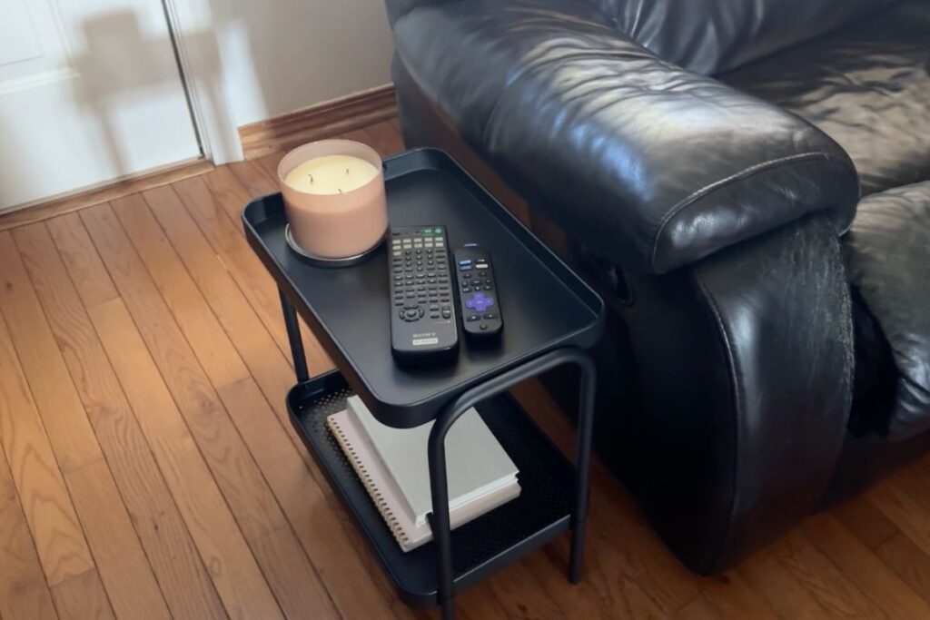 compact side table next to couch
