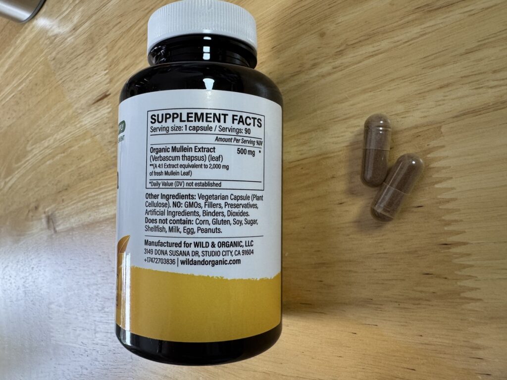 Back of the Wild and Organic Mullein Leaf bottle showing supplement facts and ingredients