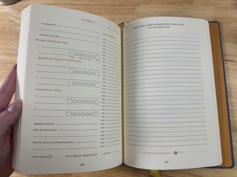 Open Productivity Planner showing a daily task spread facing a blank journal page