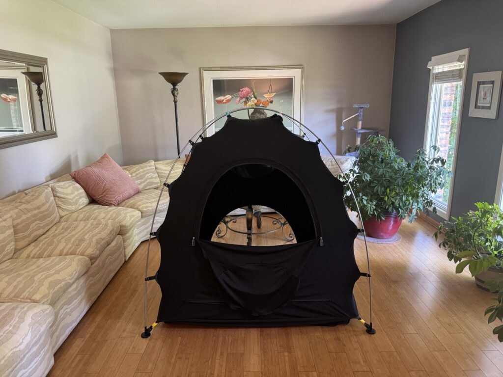 Black pop-up bed canopy tent set up on the floor of a living room with a cream sectional sofa and houseplants.
