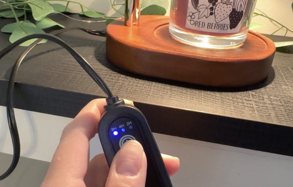 Hand holding a black inline timer remote with a lit blue LED and 2H, 4H, 8H settings for a Red Berries candle warmer lamp.