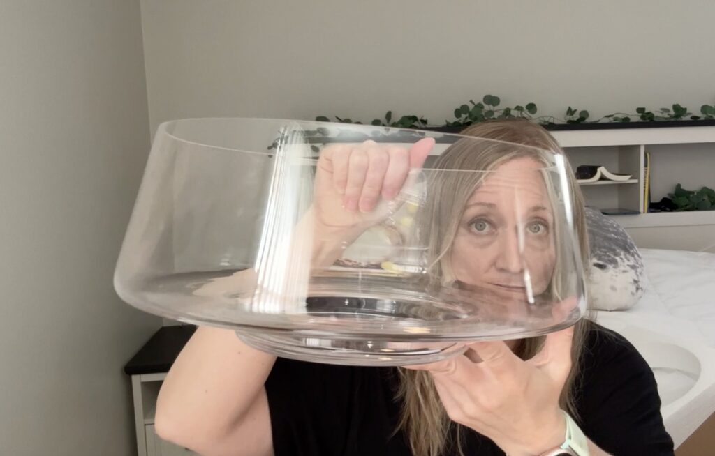 Woman holds a large clear acrylic cake dome up to her face in a bedroom.