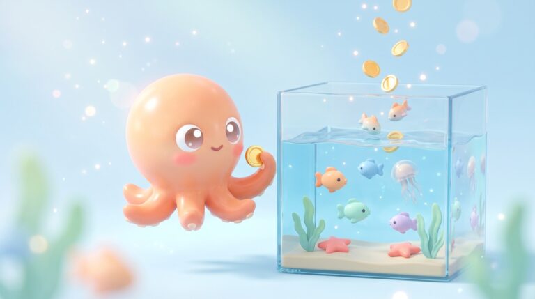 A cheerful octopus dropping a gold coin into a half-full glass aquarium where more coins have turned into small colourful fish