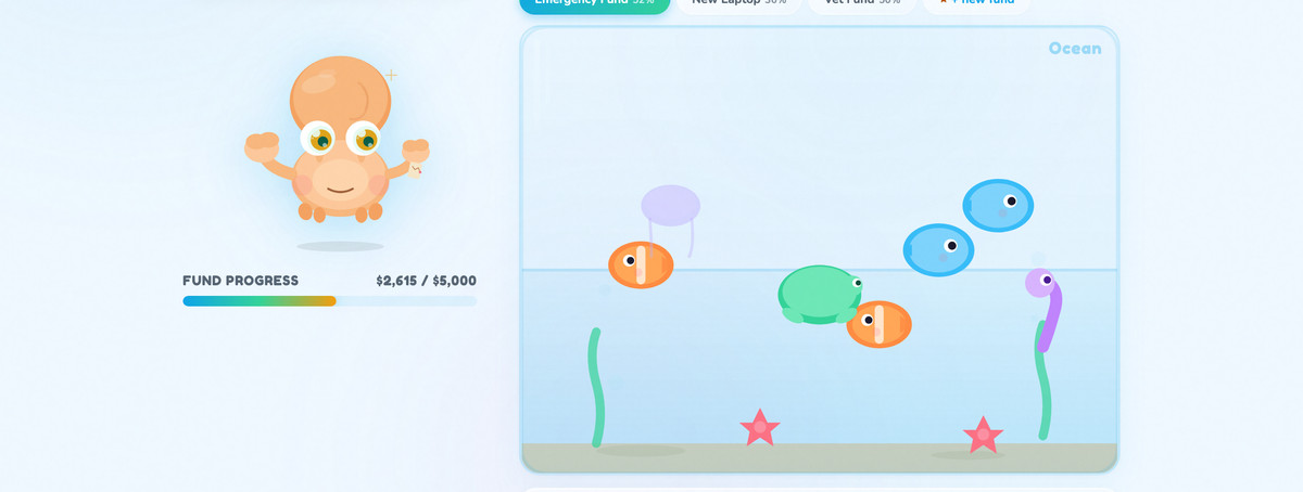 The Emergency Fund Aquarium tank a little over half full with fish swimming, showing $2,615 saved of a $5,000 goal
