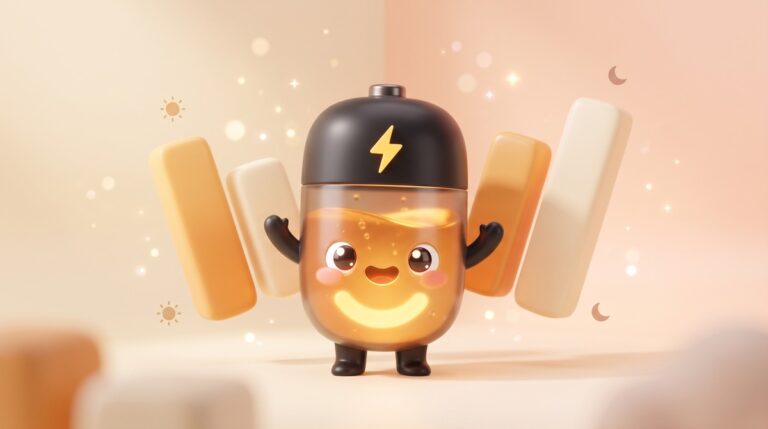 A smiling battery character filled three quarters full with warm amber light, surrounded by floating bar chart shapes and small sun and moon icons