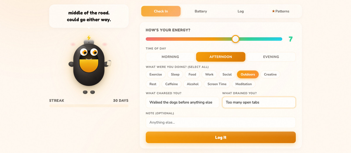 The Energy Battery check-in form with the energy slider at 7, afternoon selected, an activity tag chosen, and what charged and drained you filled in