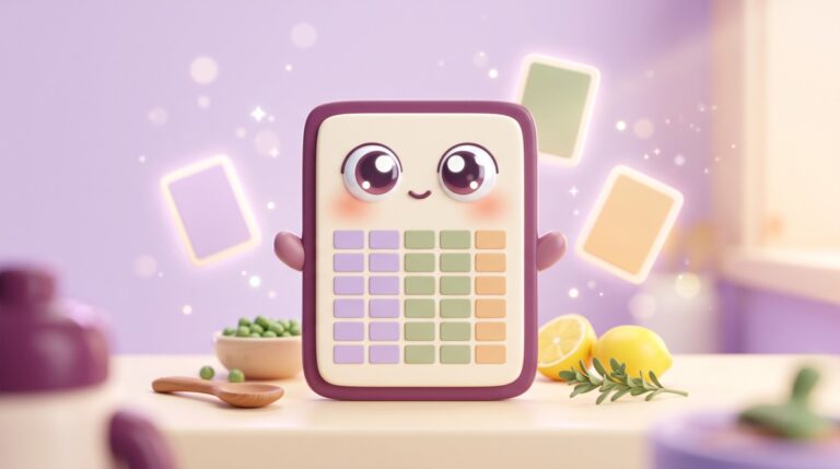 A cream recipe card character with big eyes and a grid of pastel cells on its front, standing on a kitchen counter beside peas, a lemon and a wooden spoon