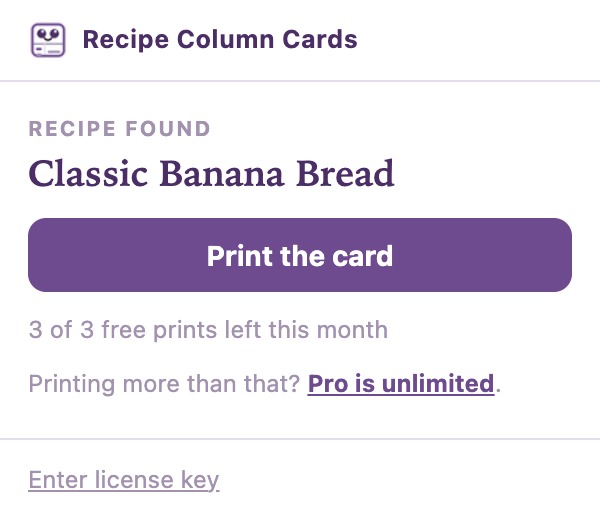 The Recipe Column Cards popup showing a recipe found, a Print the card button, and 3 of 3 free prints left this month