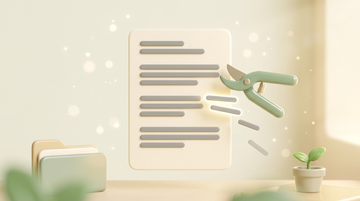 A sheet of paper with abstract grey lines being trimmed by a pair of sage green garden pruning shears, the cut lines drifting away