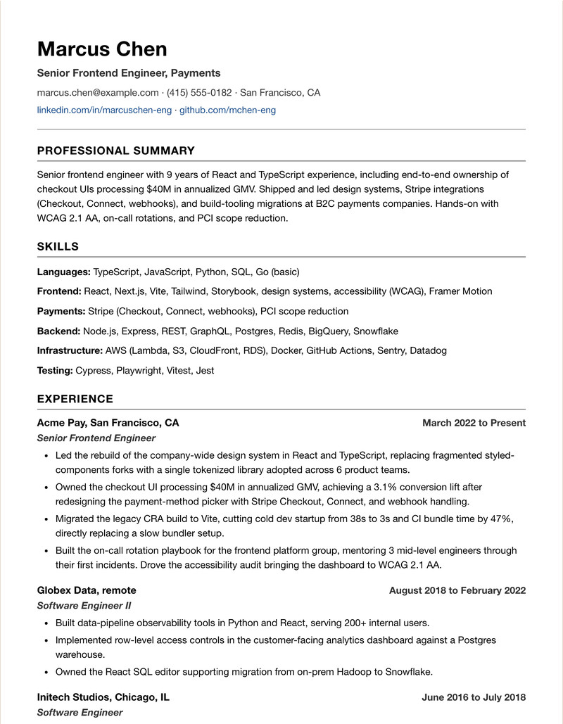 A tailored one-page resume produced by Resume Prune, with a summary, grouped skills, and dated experience bullets