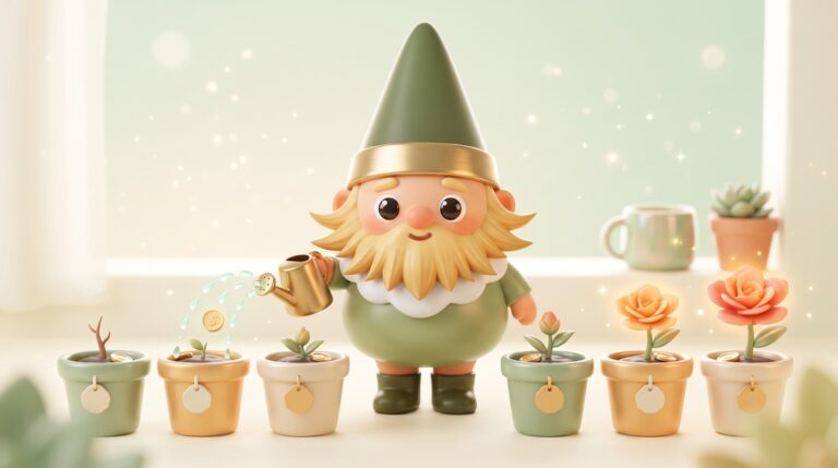The Side Hustle Garden gnome tipping a watering can over a row of potted plants that grow from bare soil to full bloom, with gold coins planted in the soil