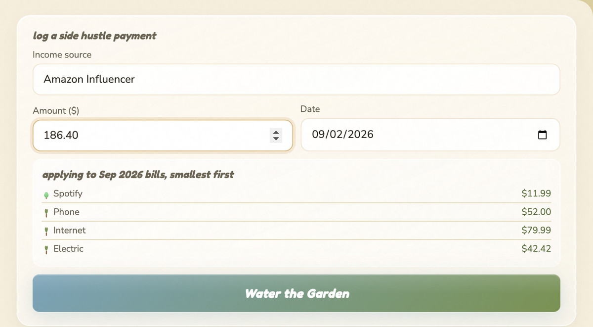 Logging a side hustle payment in The Side Hustle Garden with the amount split across the smallest bills first