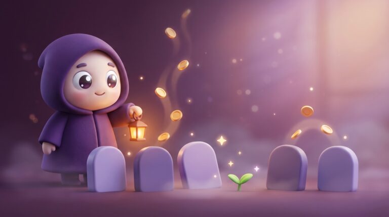 A friendly hooded character holding a lantern beside a row of small tombstones, with gold coins floating back up out of the ground
