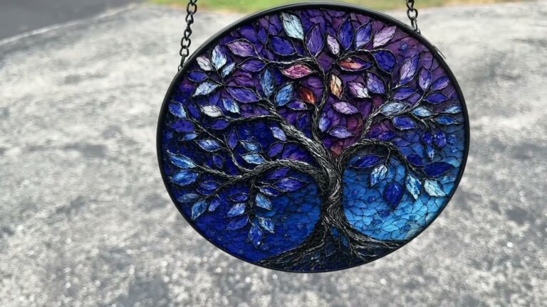 DASTOLL blue and purple Tree of Life suncatcher hanging from its metal chain outdoors in daylight