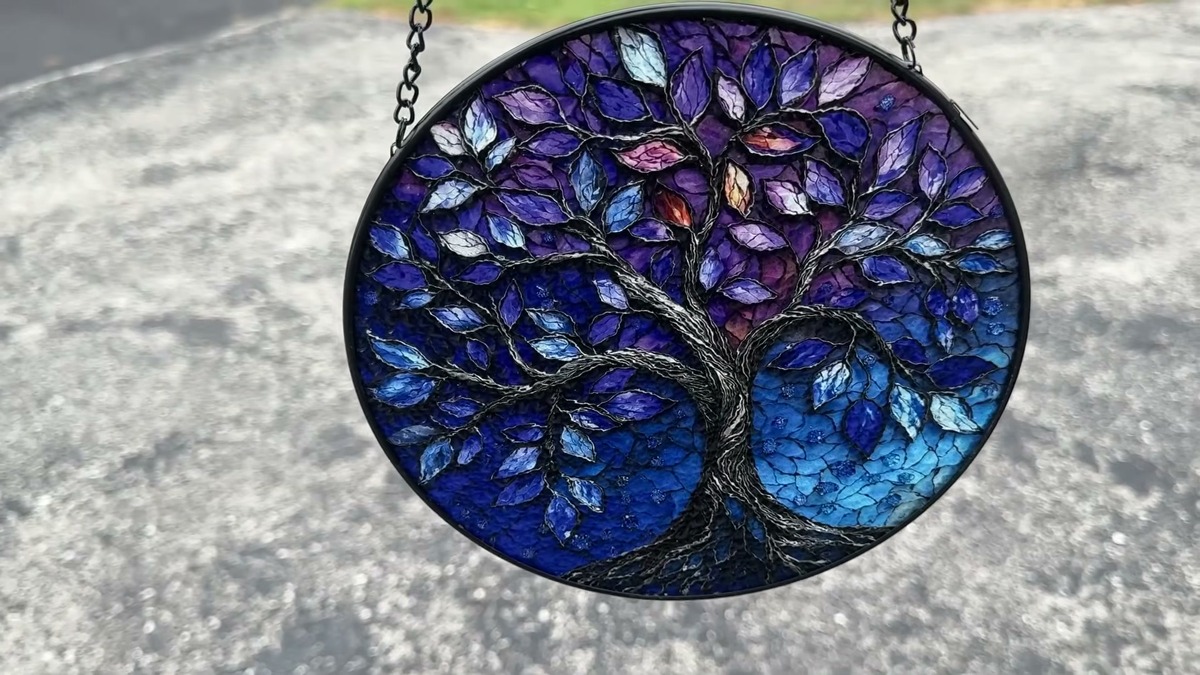 DASTOLL blue and purple Tree of Life suncatcher hanging from its metal chain outdoors in daylight