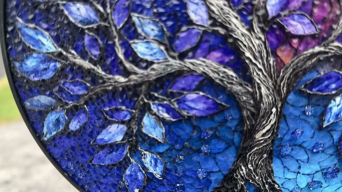 Close-up of the DASTOLL suncatcher showing raised silver tree branches and blue and purple leaves