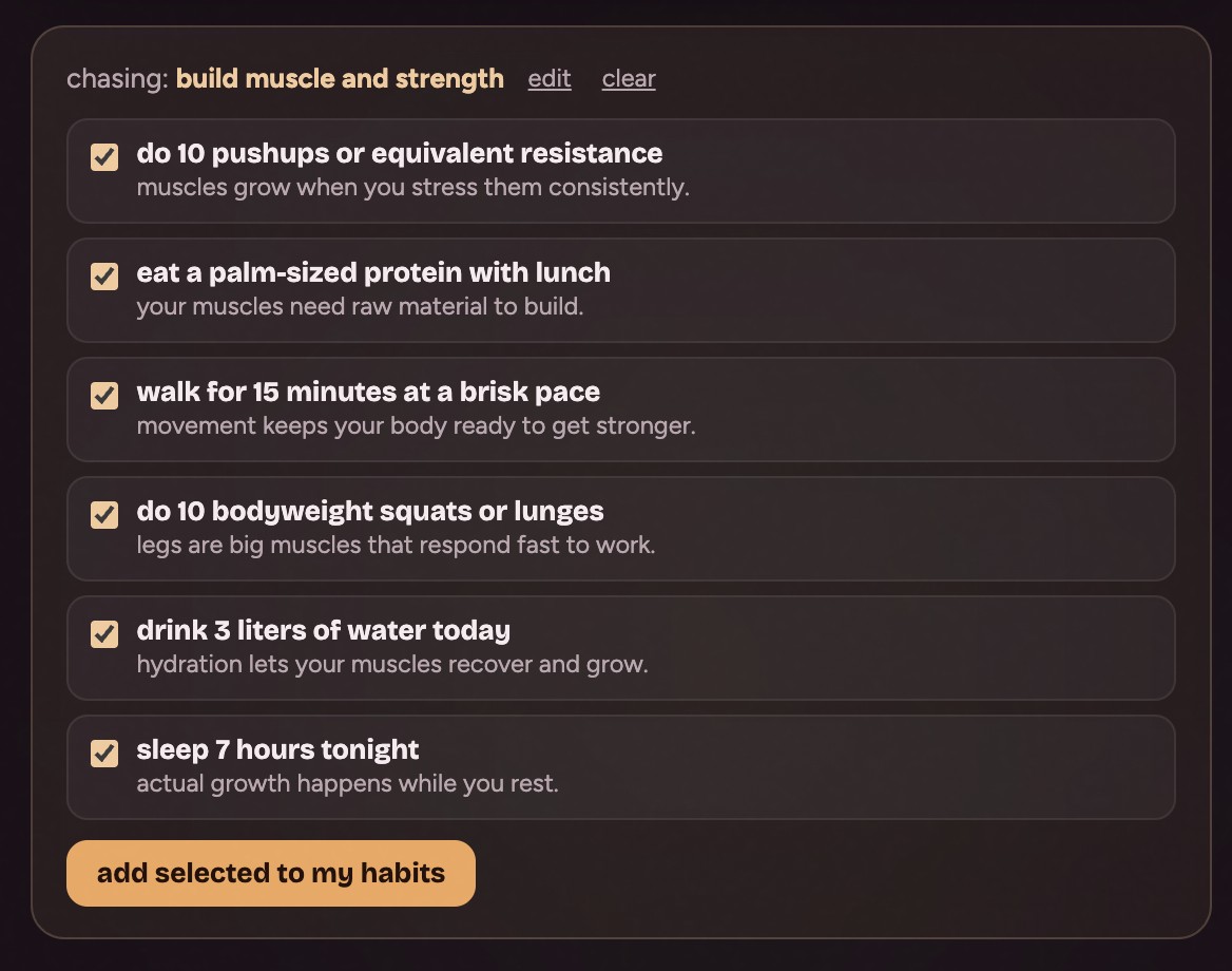 Goal Rx in Dopamine Dealer chasing build muscle and strength, suggesting six habits including 10 pushups, a palm-sized protein with lunch, a 15 minute brisk walk, 10 squats or lunges, 3 liters of water and 7 hours of sleep