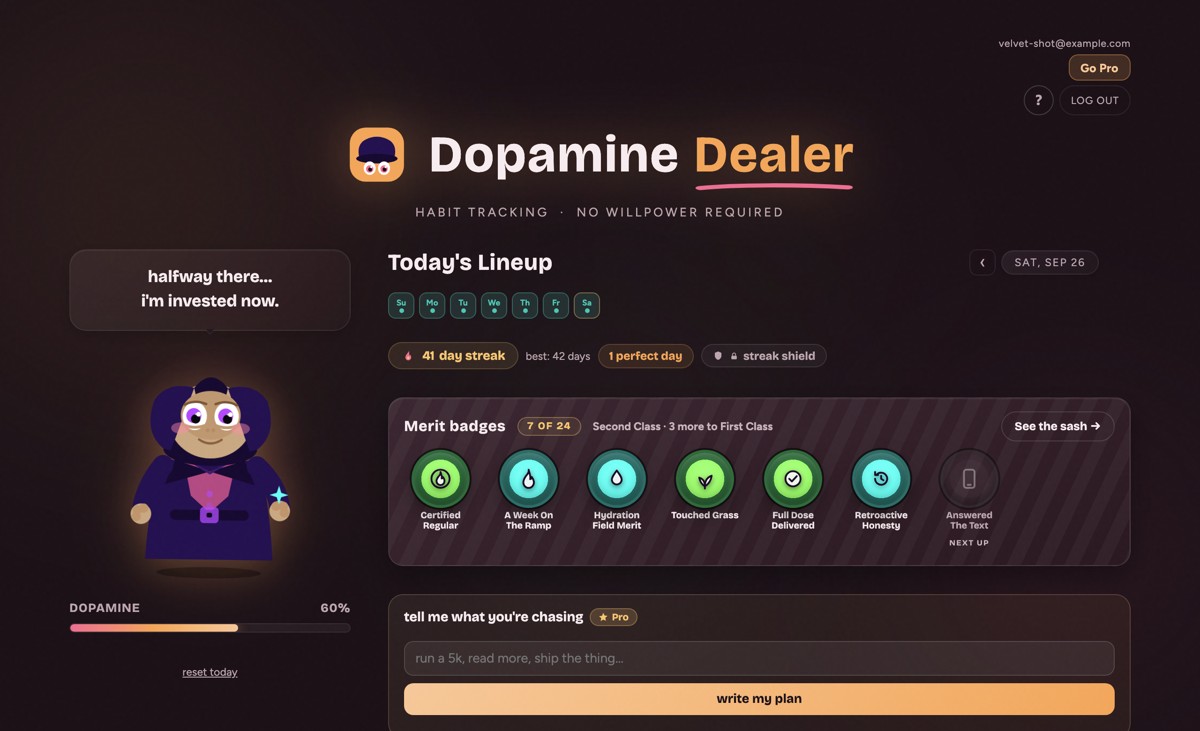 Dopamine Dealer home screen with the Dealer character saying halfway there, I'm invested now, a dopamine bar at 60 percent, a 41 day streak, seven of 24 merit badges earned, and the Pro goal box asking what you're chasing