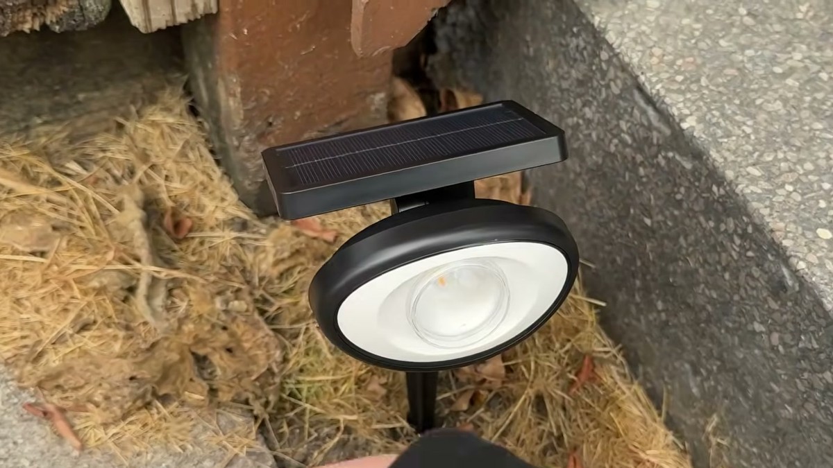 Black Fuligent solar landscape spotlight staked in dry mulch beside a concrete deck step, with its solar panel angled on top of the round light head