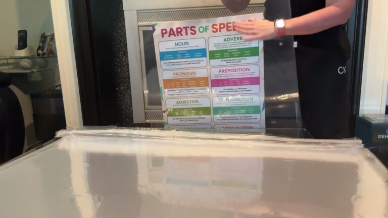 Parts of Speech classroom poster inside a clear Henoyso 24x36 poster protector sleeve, held upright on a table