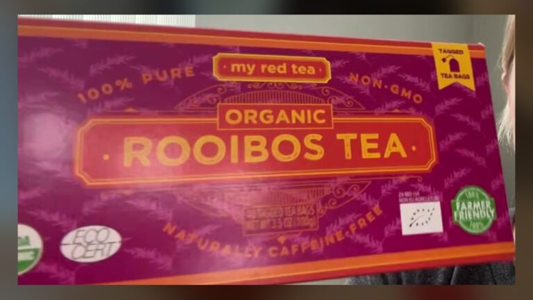 Purple and red box of My Red Tea Organic Rooibos Tea with tagged tea bags, showing USDA Organic, Ecocert and 100% Farmer Friendly badges and naturally caffeine-free on the front