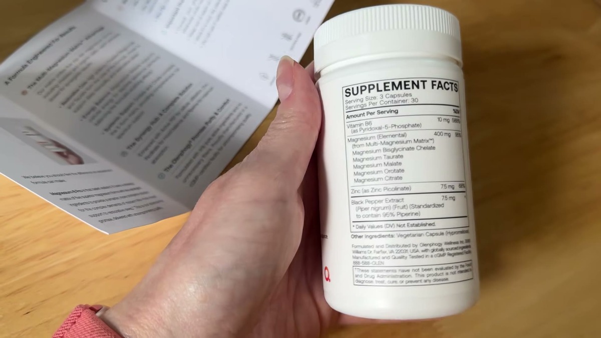 Supplement facts label on the Olenphogy Magnesium-8 Pro bottle listing the magnesium forms, vitamin B6 as P5P, zinc picolinate, and black pepper extract