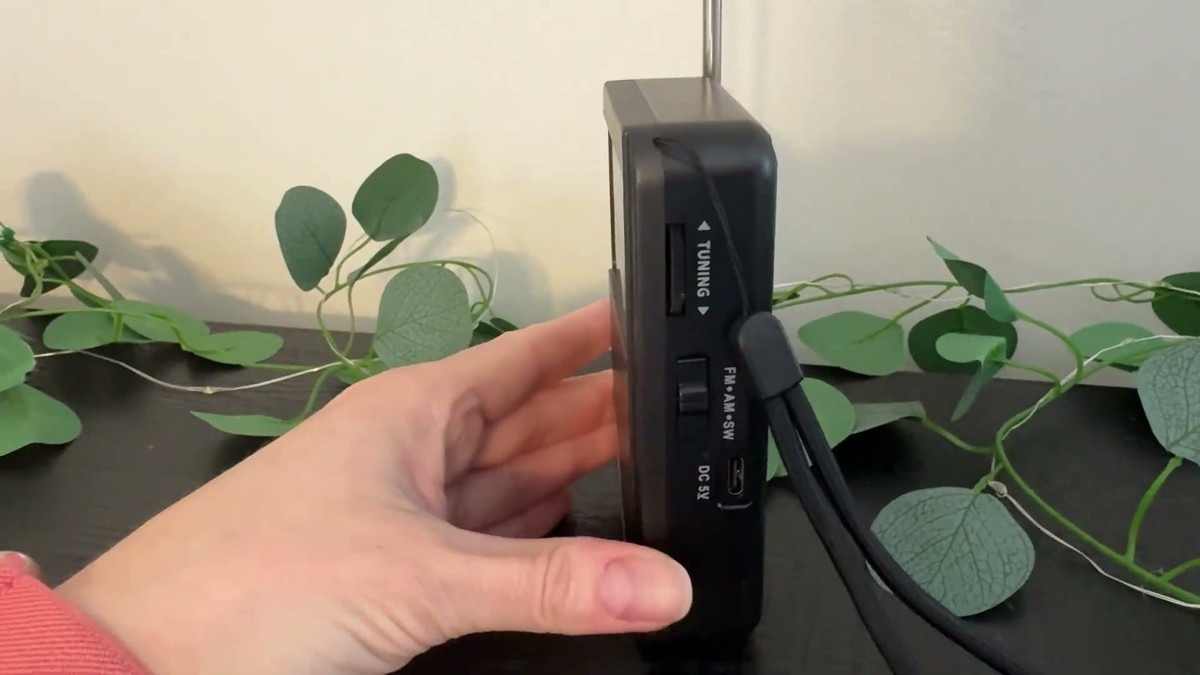 Side of the Pronly radio showing the tuning wheel, the FM AM SW band switch and the USB-C charging port labeled DC 5V