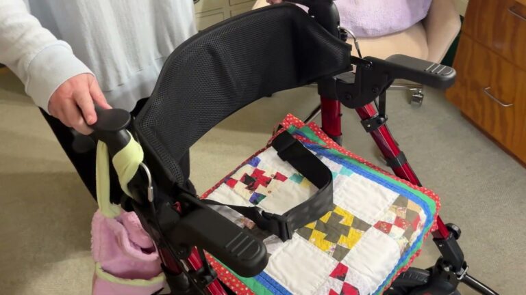Red StrollAid 2-in-1 rollator walker with a quilted seat cushion and black padded backrest, seen from the front in a living room