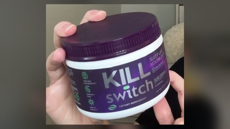 SWITCH Killswitch sleep formula hot cocoa, a purple and white canister held up to the camera