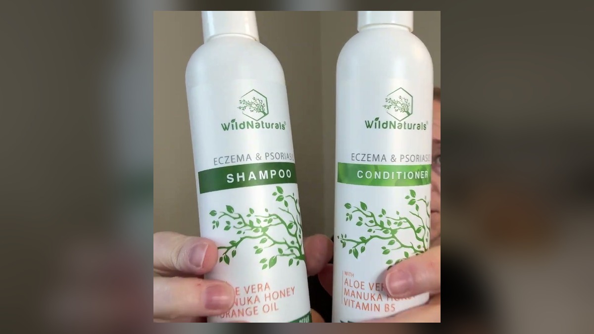 Wild Naturals Eczema and Psoriasis Shampoo and Conditioner, two white 8 ounce bottles with green labels held side by side