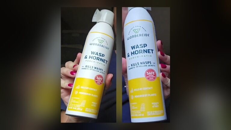 Two cans of Wondercide Wasp and Hornet Killer held up side by side, white 10 oz aerosol cans with yellow labels reading kills by contact, powered by plants, sprays up to 15 feet