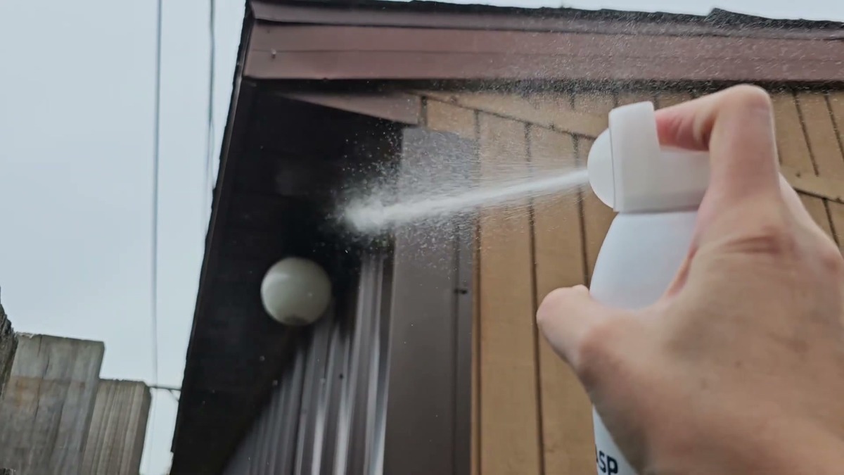 Wondercide wasp spray jet stream hitting a wasp nest tucked under a wood-sided roof eave next to a porch light
