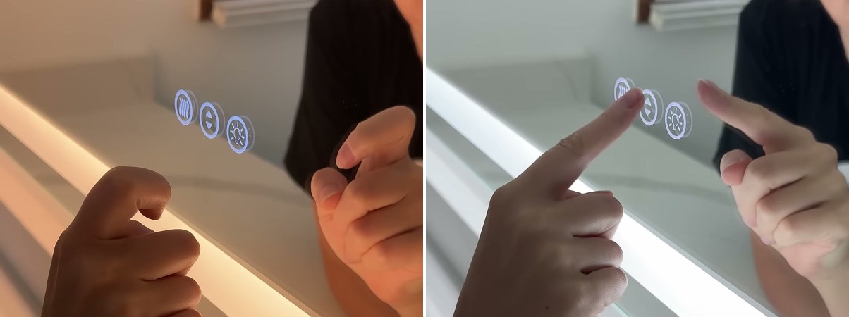 Side by side of the Amorho mirror's light strip on its warm setting, glowing amber, and on its cool setting, glowing bright white.