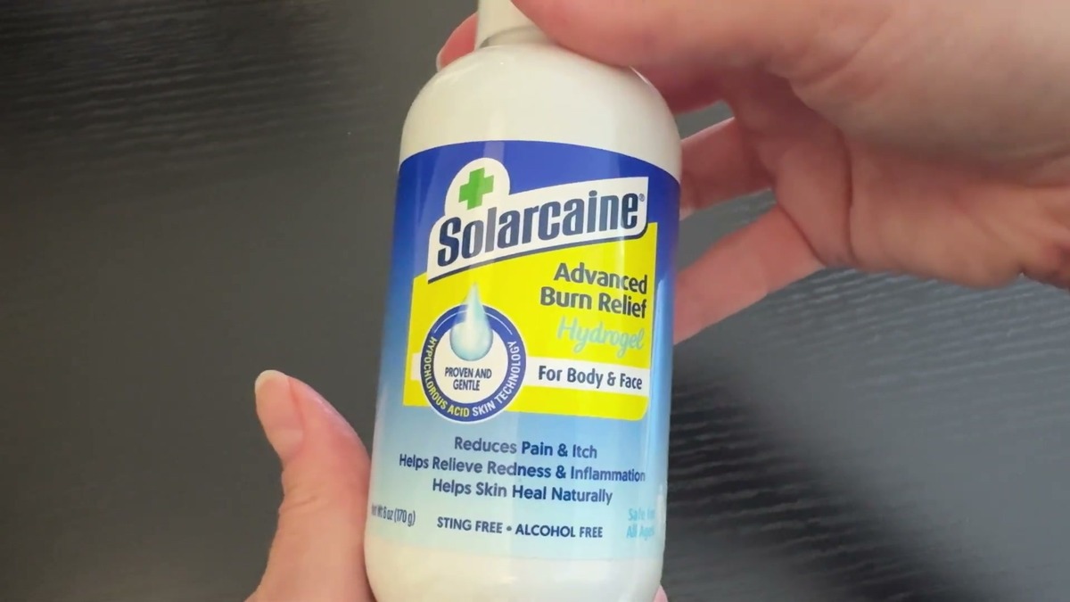 Front label of the Solarcaine Advanced Burn Relief Hydrogel bottle, which reads for body and face, sting free and alcohol free
