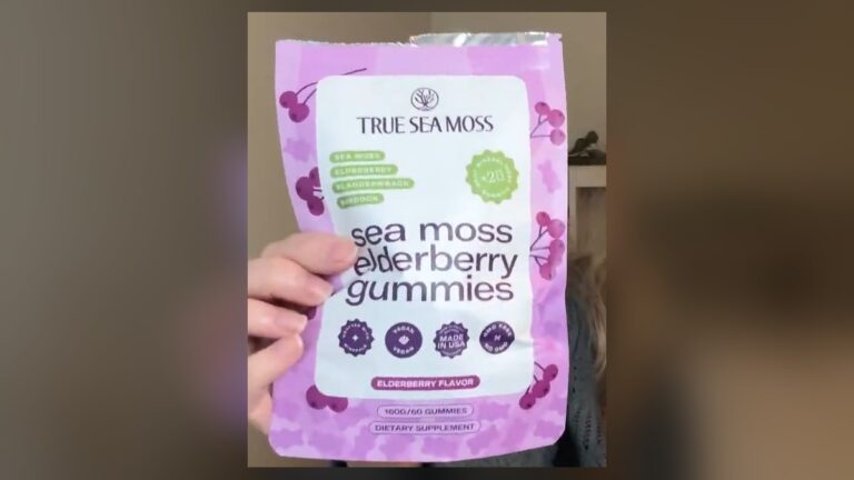 Purple TrueSeaMoss sea moss elderberry gummies pouch held up front-on, showing sea moss, elderberry, bladderwrack and burdock on the label with vegan, made in USA and GMO free badges.